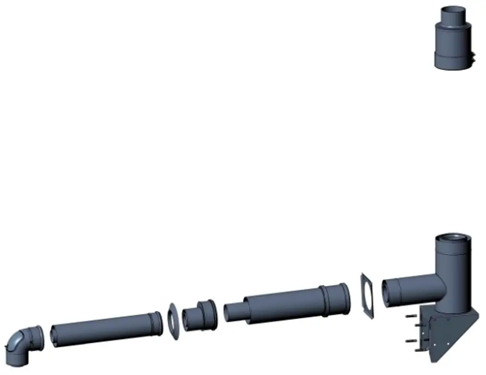 Zusammenbau von Rohren und Zubehörteil für ein Abgassystem, ersichtlich sind verschiedene Rohre, eine Bogenverbindung und ein T-Stück, gefertigt von Wolf.